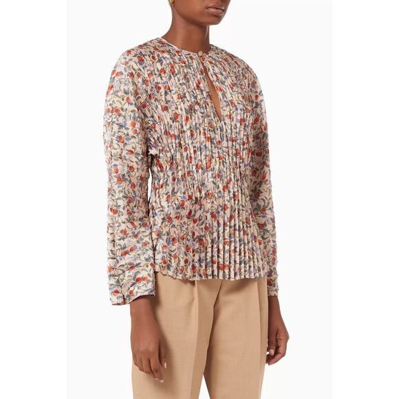 Vince Pomegranate Print Long Sleeve Keyhole Neck Pleated Blouse Chamois Small - Picture 1 of 8